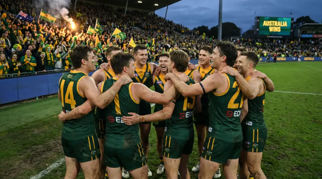 Australia national team celebrates victory with fans in stadium, World Cup football atmosphere