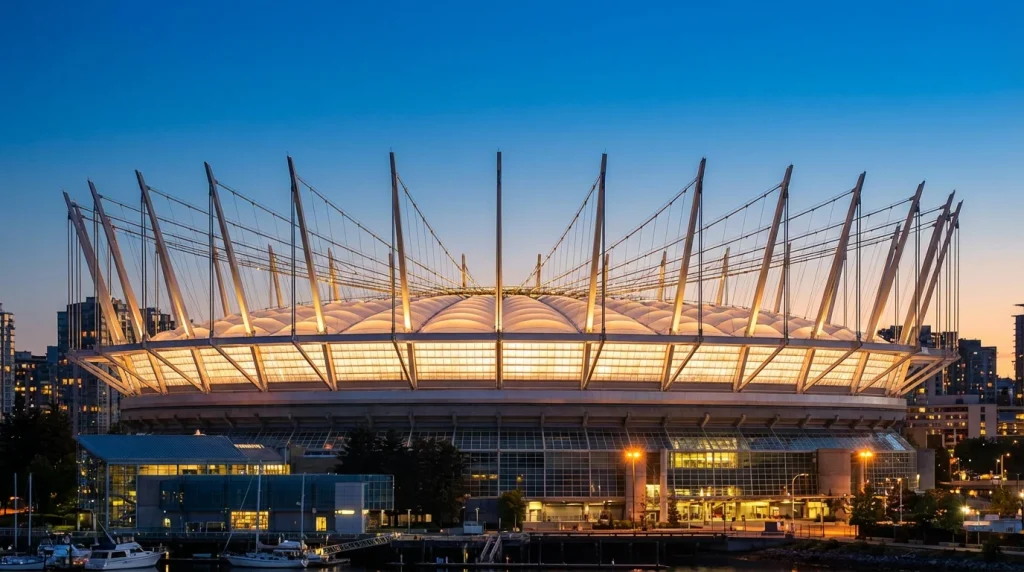 BC Place Stadium Vancouver at night hosting World Cup football matches