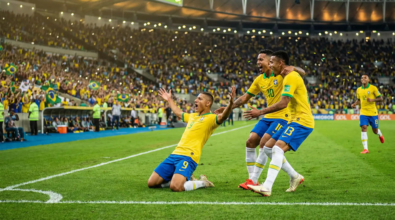 Brazil national football team in yellow shirts during a CONMEBOL World Cup qualifier