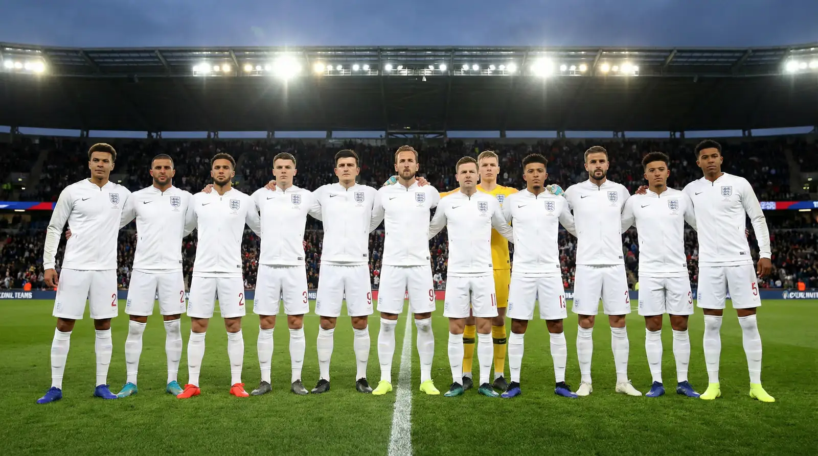 England football team in white shirts during a pre-match lineup at a major tournament