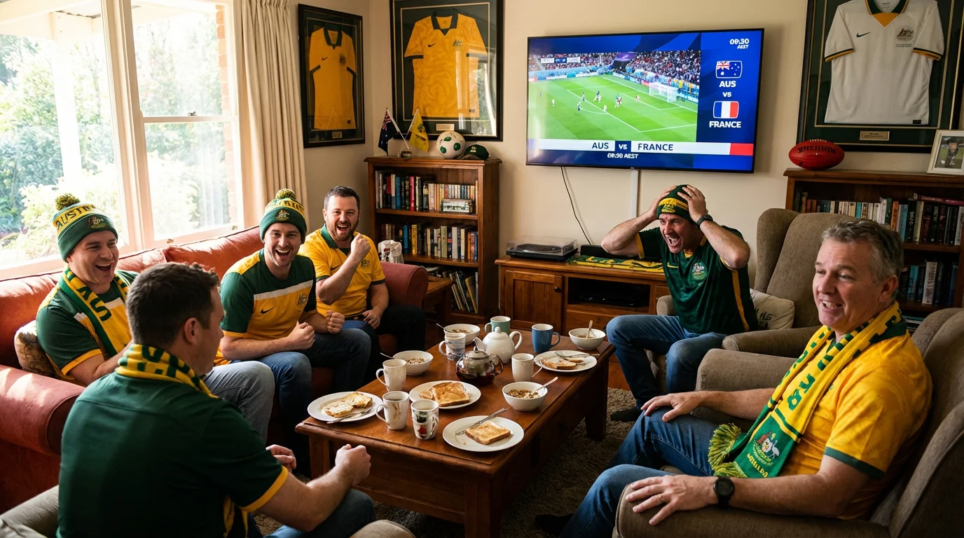 Australian football fans watching World Cup match at home in the morning
