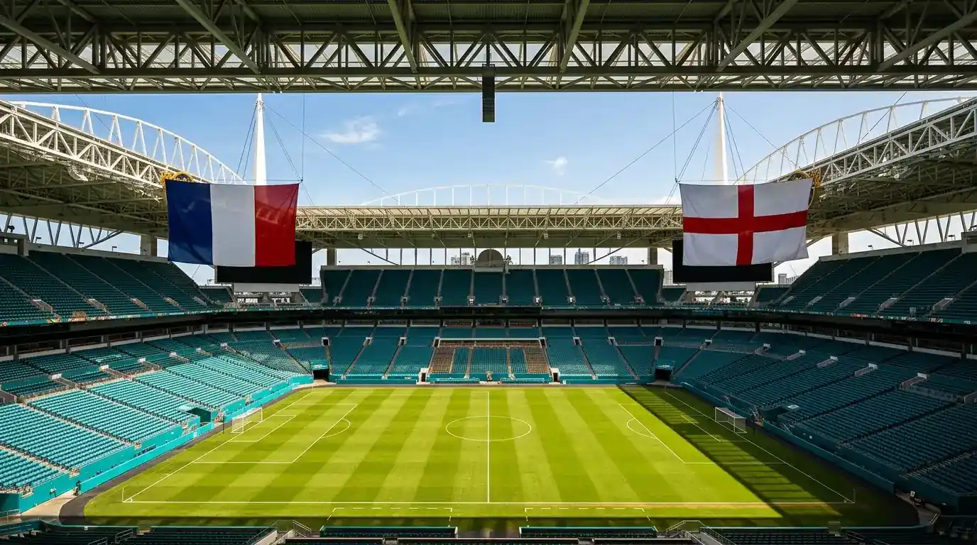 France and England players warm up at Hard Rock Stadium ahead of the third-place play-off