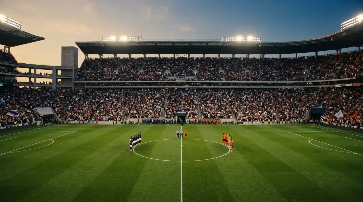 France vs Morocco at a packed North American stadium under floodlights, World Cup 2026 quarter-final atmosphere