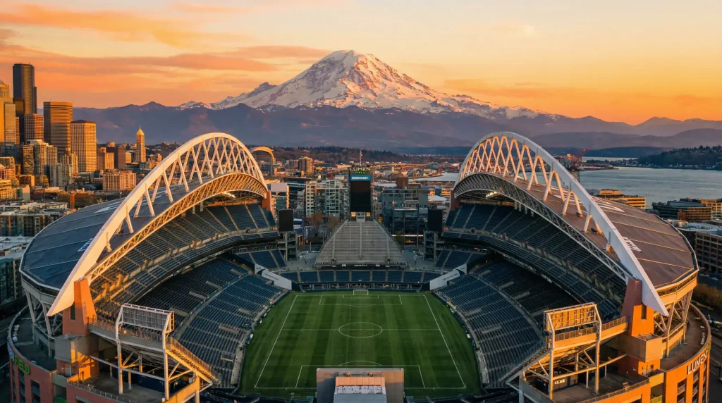 Lumen Field Seattle stadium with Mount Rainier view hosting World Cup soccer matches