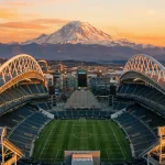 Lumen Field Seattle stadium with Mount Rainier view hosting World Cup soccer matches