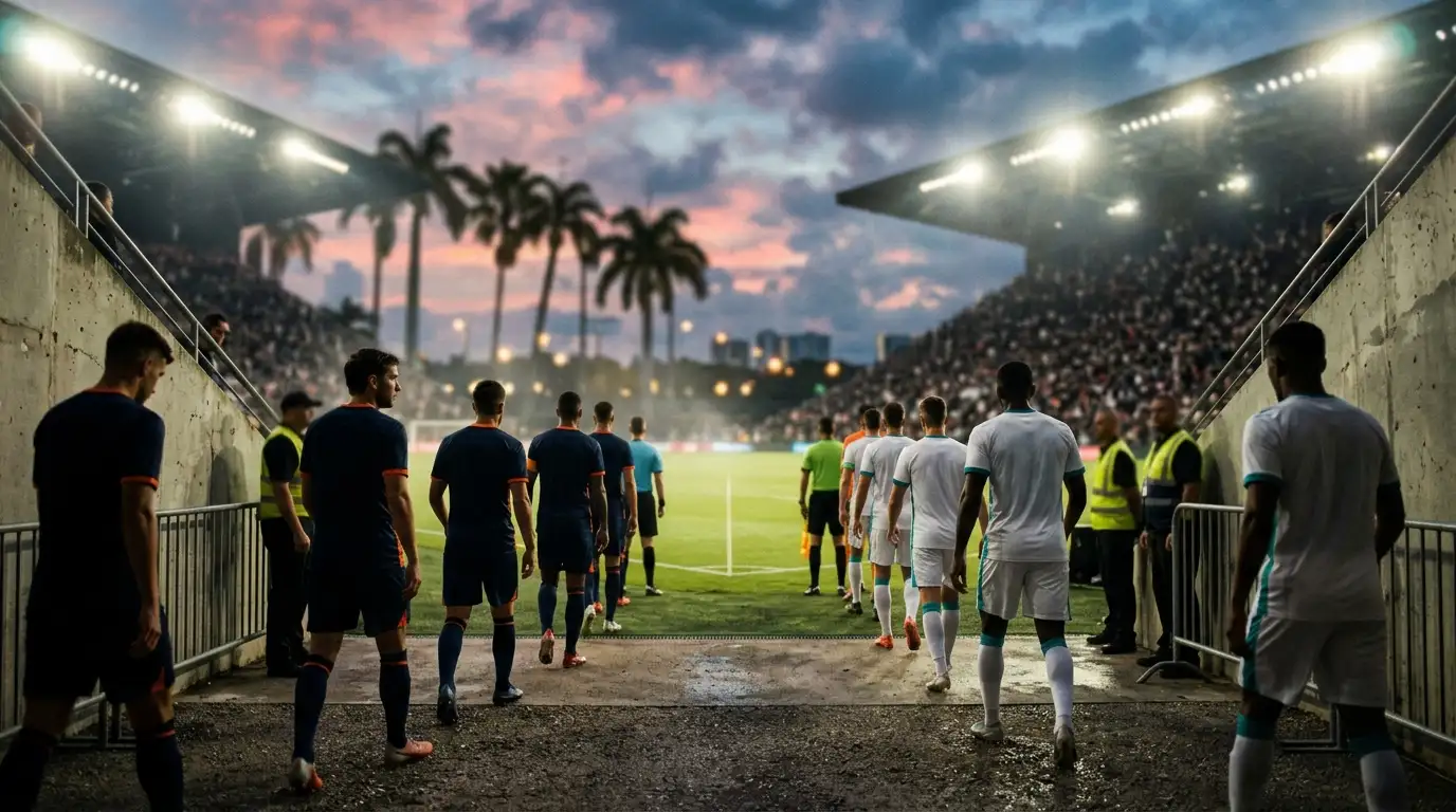 Norway vs England quarter-final preview image of two contrasting kits under a Miami sunset, World Cup 2026