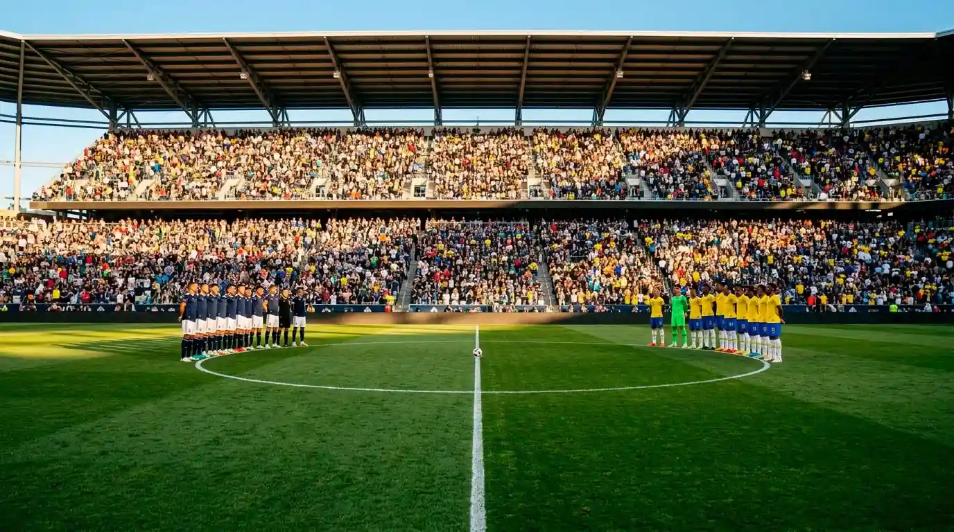 Scotland and Brazil players line up before kick-off at Hard Rock Stadium Miami, Group C MD3, World Cup 2026