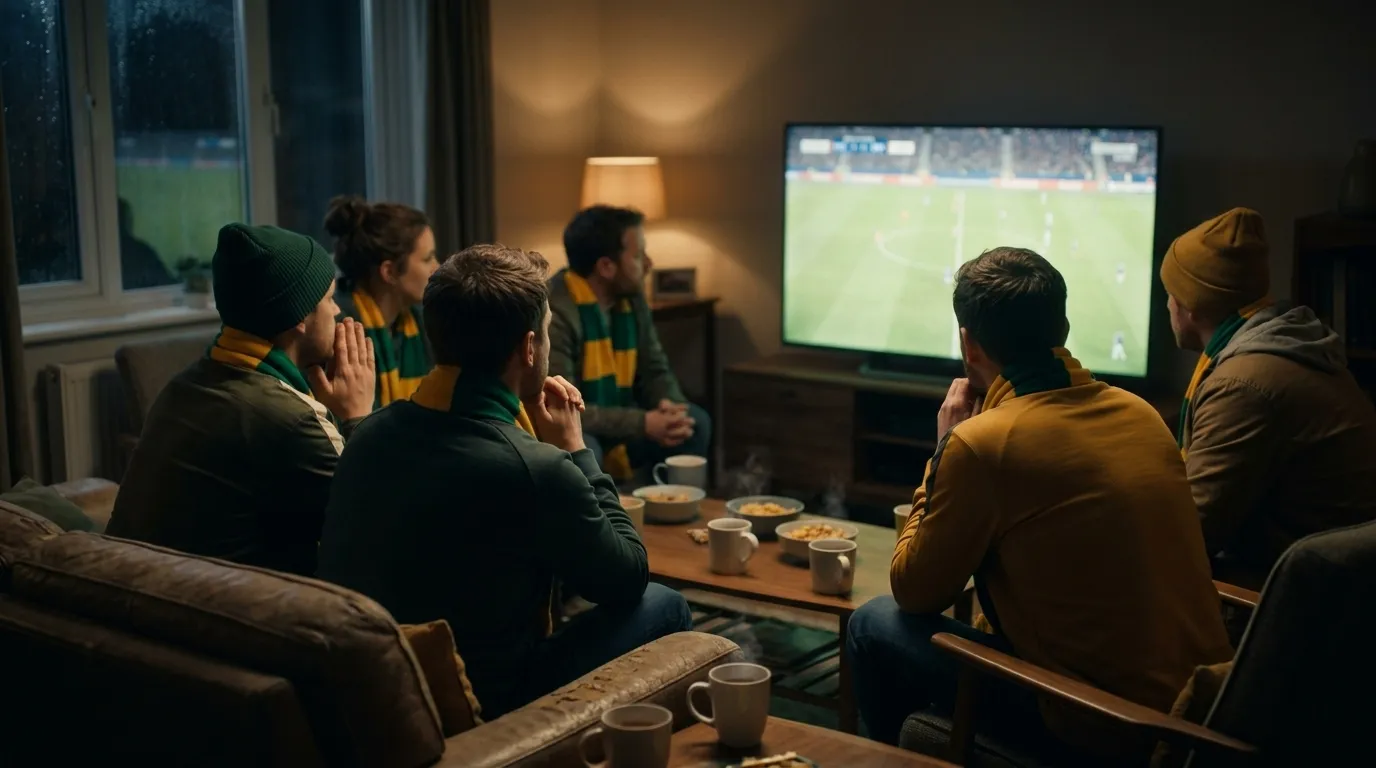 Socceroos supporters in green and gold watching a World Cup 2026 knockout match in the early hours, Australian pub big screen