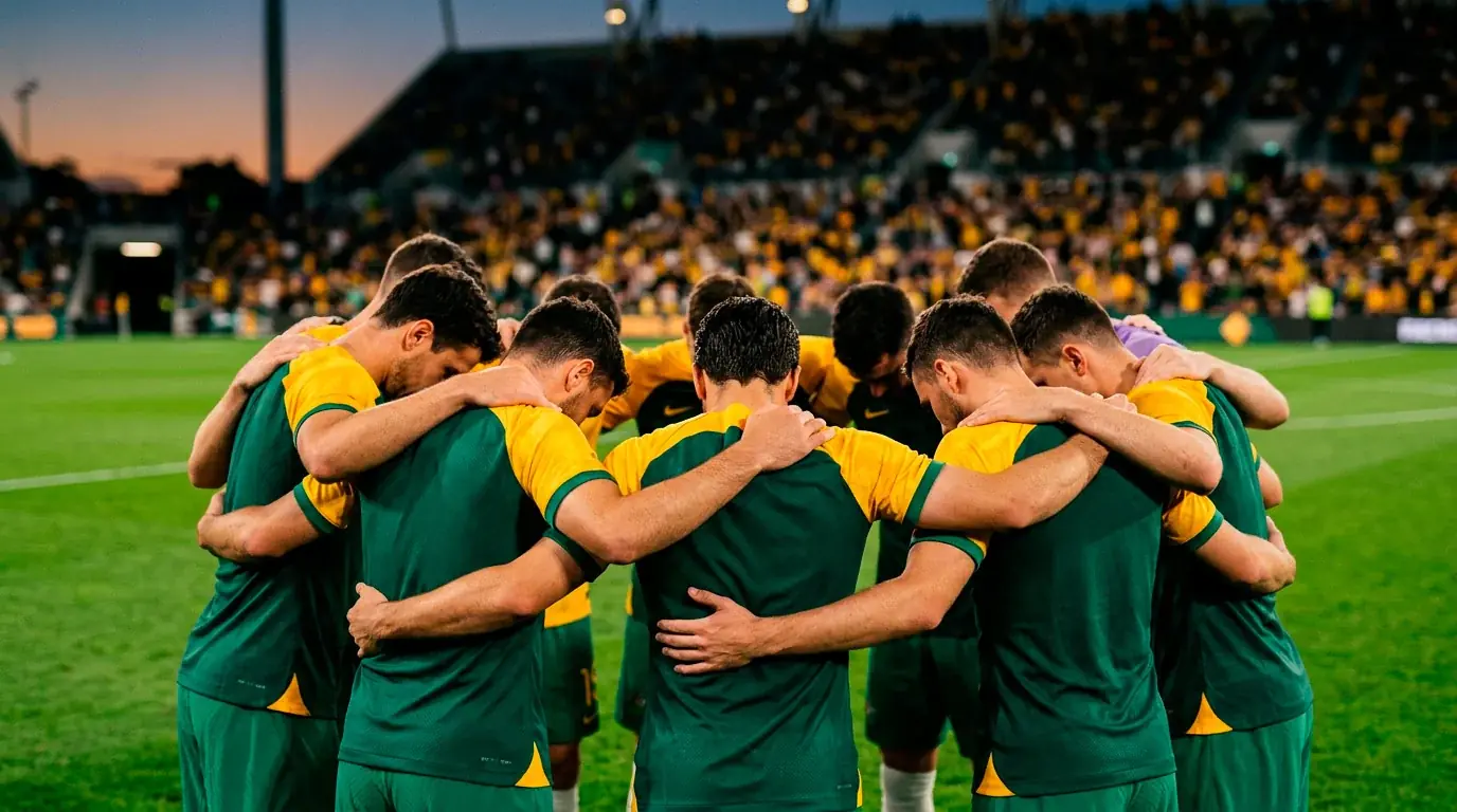 Socceroos players in green and gold huddle before a Group D match against Paraguay, World Cup 2026