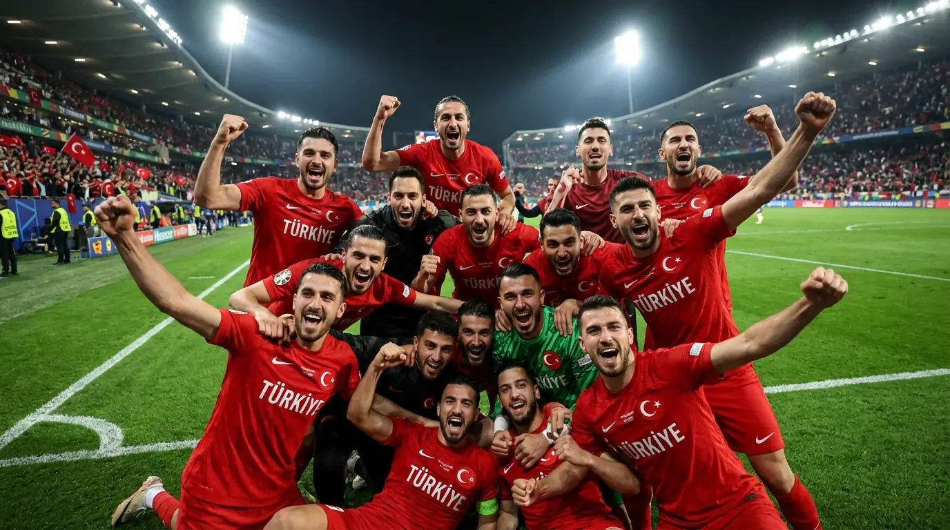 Turkey national football team players celebrating qualification for the 2026 World Cup