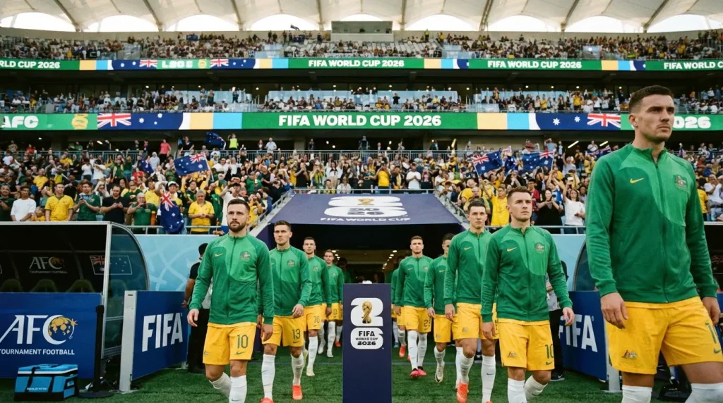Socceroos players in green and gold kit preparing for a FIFA World Cup 2026 group stage match
