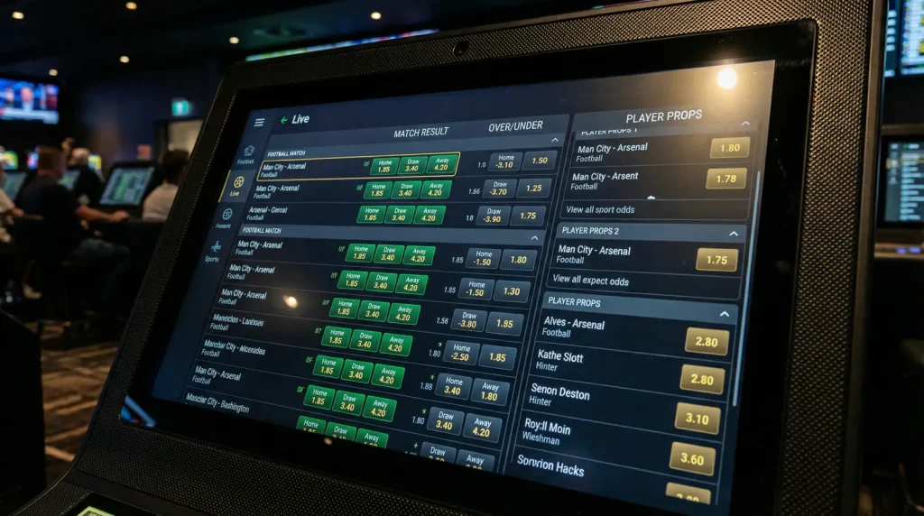 Live sports betting odds interface on screen for football match predictions