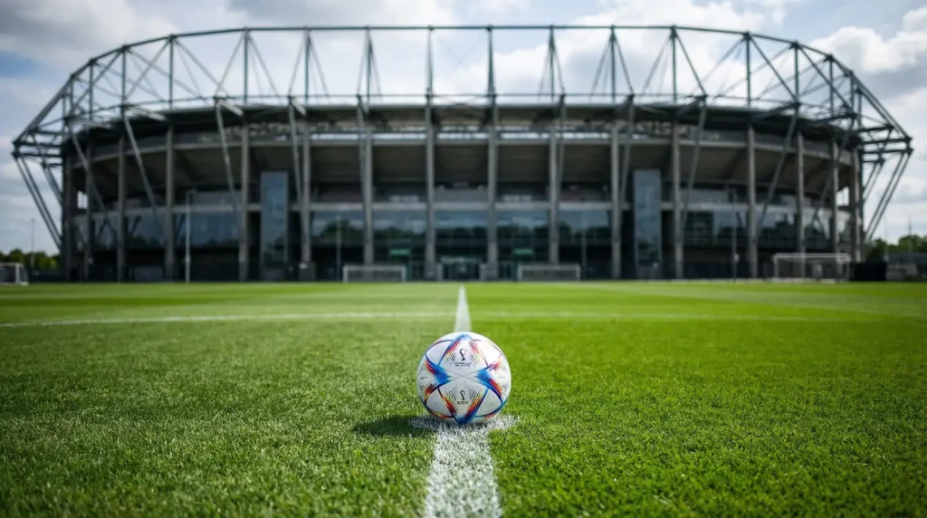 Soccer ball on stadium field ready for football match in modern arena