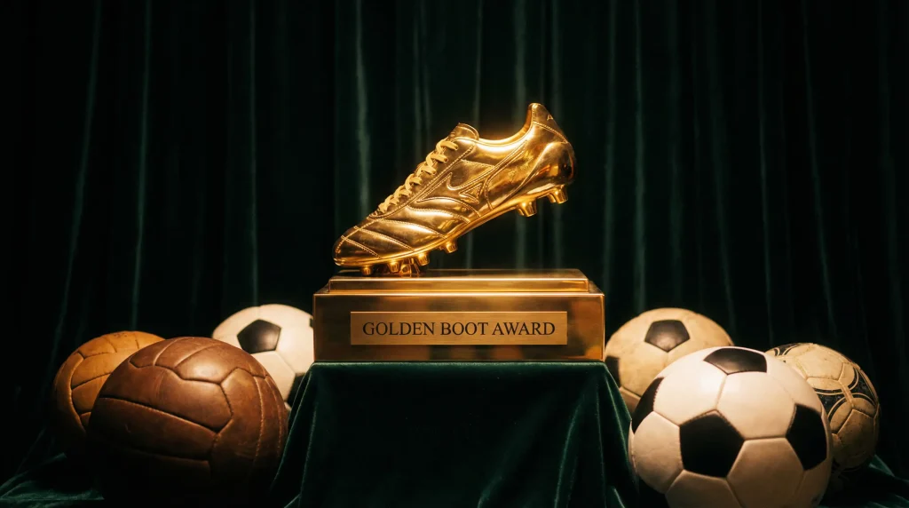 Golden Boot trophy with world's top strikers competing for World Cup 2026 top scorer honours