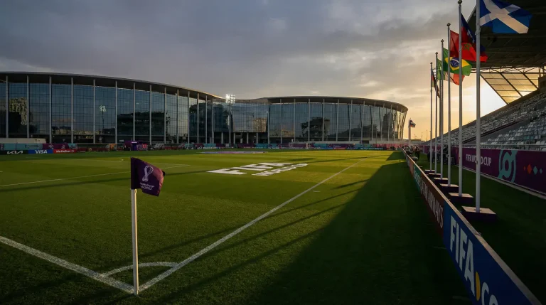 World Cup stadium pitch with corner flag and international flags at sunset