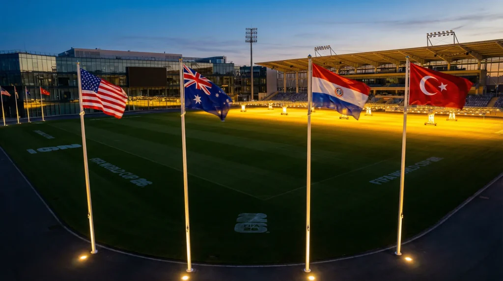 World Cup stadium with international flags USA Australia Paraguay Turkey at night