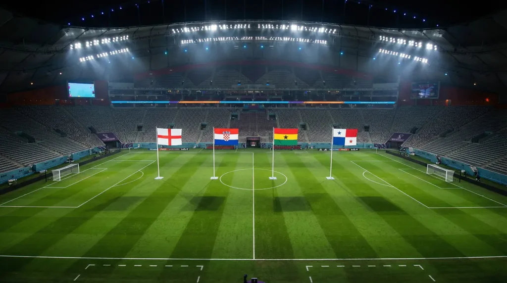 World Cup stadium with group stage flags England Croatia Ghana Panama on pitch