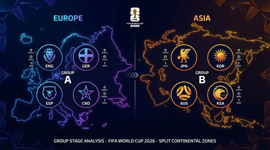 Group stage overview showing European and Asian teams at the 2026 FIFA World Cup