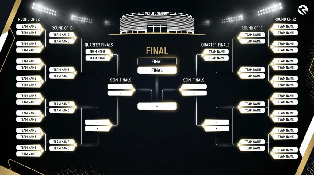World Cup 2026 knockout bracket showing the path from the Round of 32 to the final at MetLife Stadium