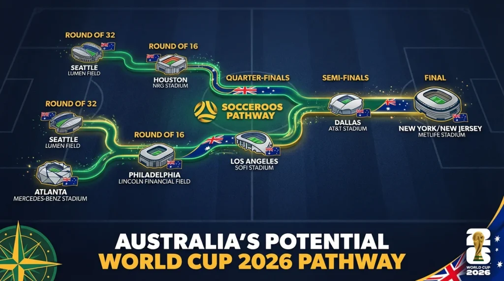 Australia World Cup 2026 pathway bracket with host cities and knockout stages map