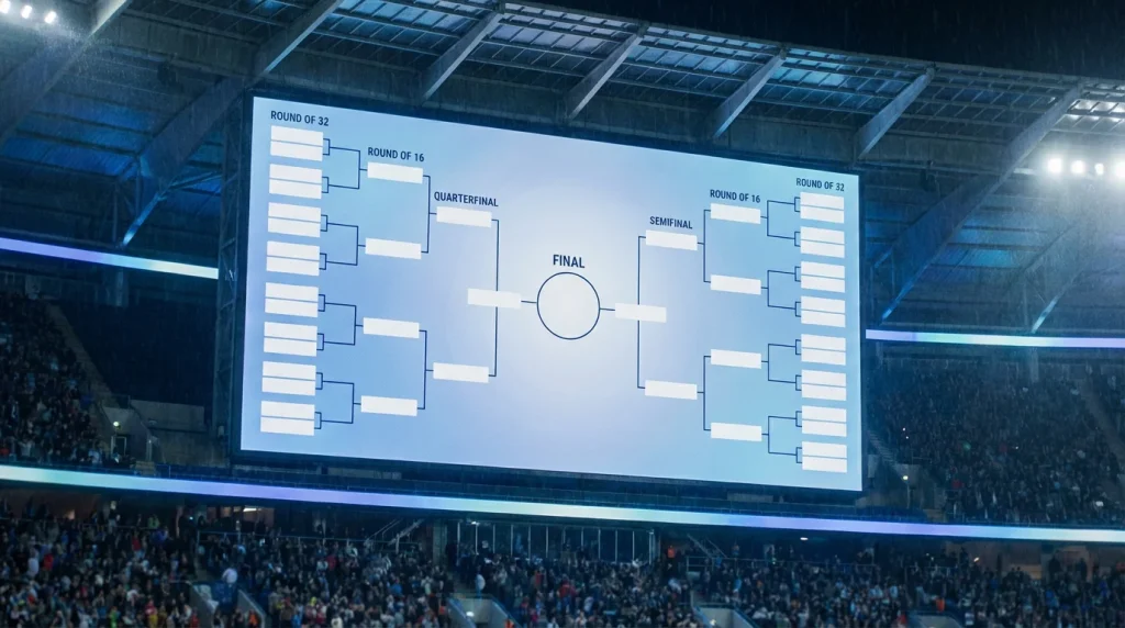 World Cup knockout stage bracket scoreboard in stadium showing tournament finals layout