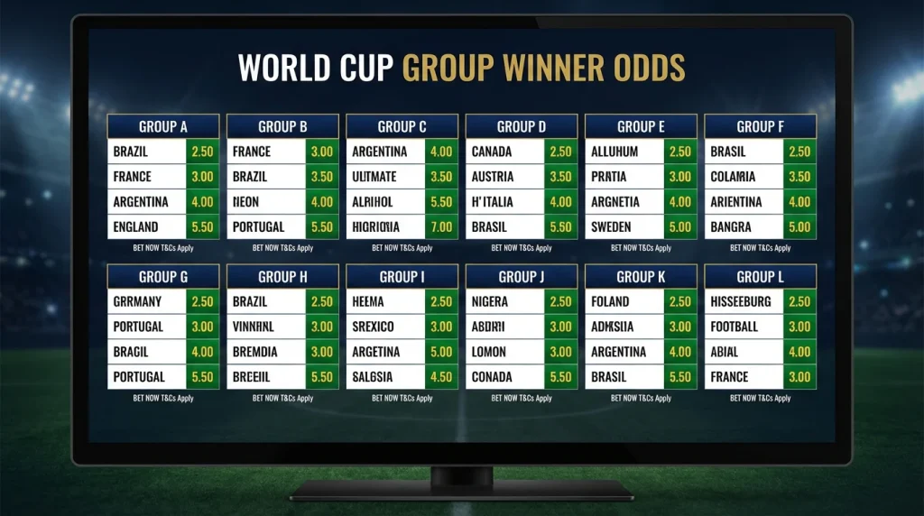 Table showing group winner odds for all 12 groups at the 2026 FIFA World Cup from Australian bookmakers
