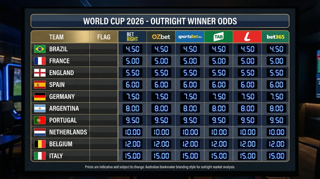 World Cup 2026 winner odds table with favorites Brazil, France, England and betting markets