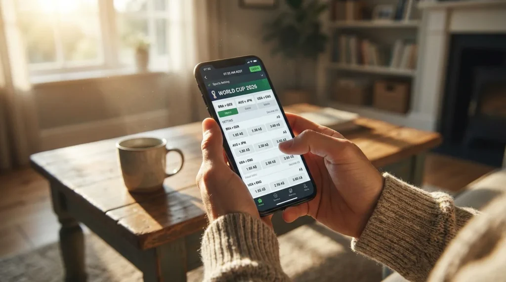 Punter analysing World Cup 2026 odds on a betting app with decimal odds for outright and group markets