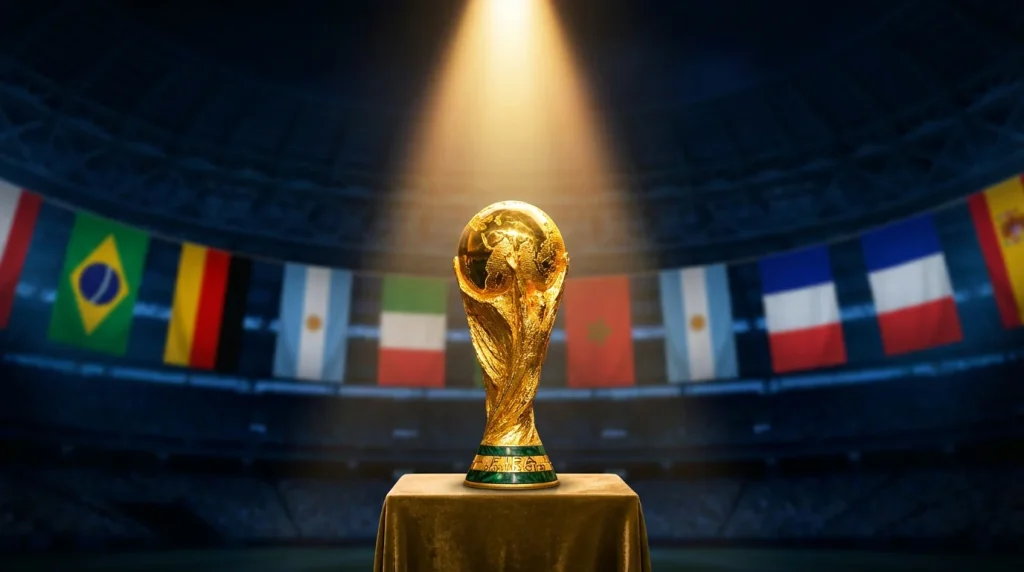 World Cup 2026 trophy with predicted champion flags in the background