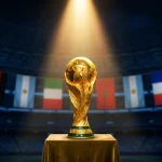 World Cup 2026 trophy with predicted champion flags in the background