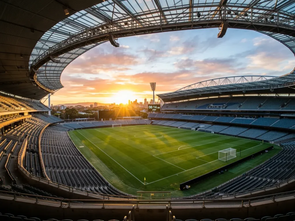 World Cup stadium field with match schedule time 6:30 AM AEST scoreboard
