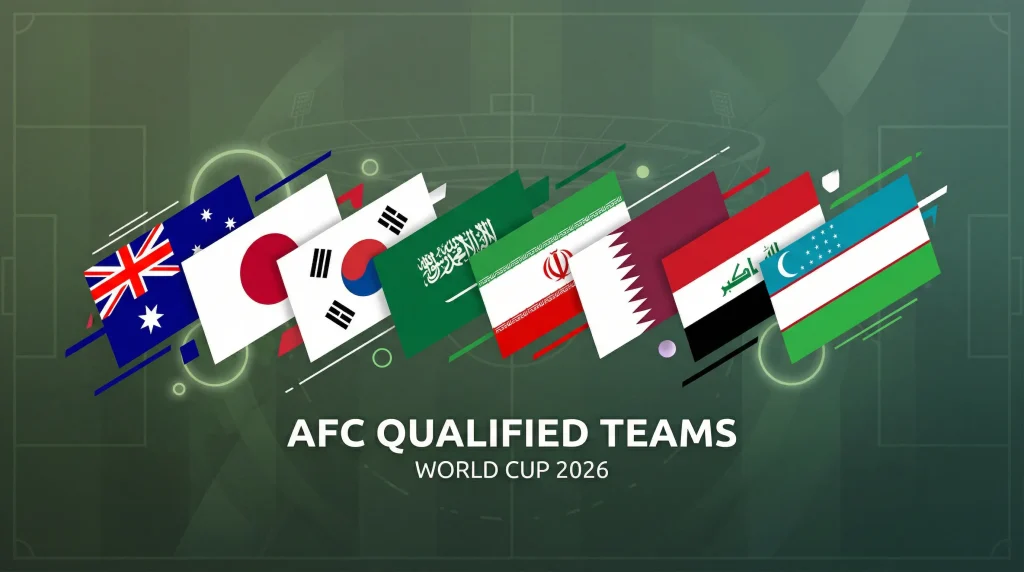 Flags of the eight Asian Football Confederation teams qualified for the 2026 FIFA World Cup