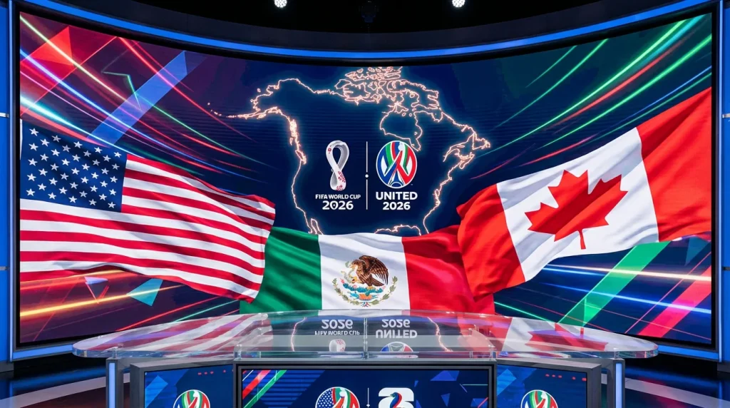 FIFA World Cup 2026 host nations USA, Canada and Mexico flags with official tournament branding