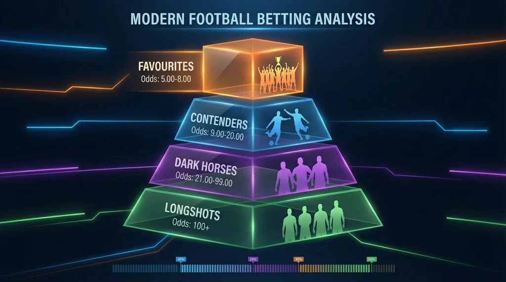 Infographic showing the four tiers of World Cup 2026 outright odds from favourites to longshots