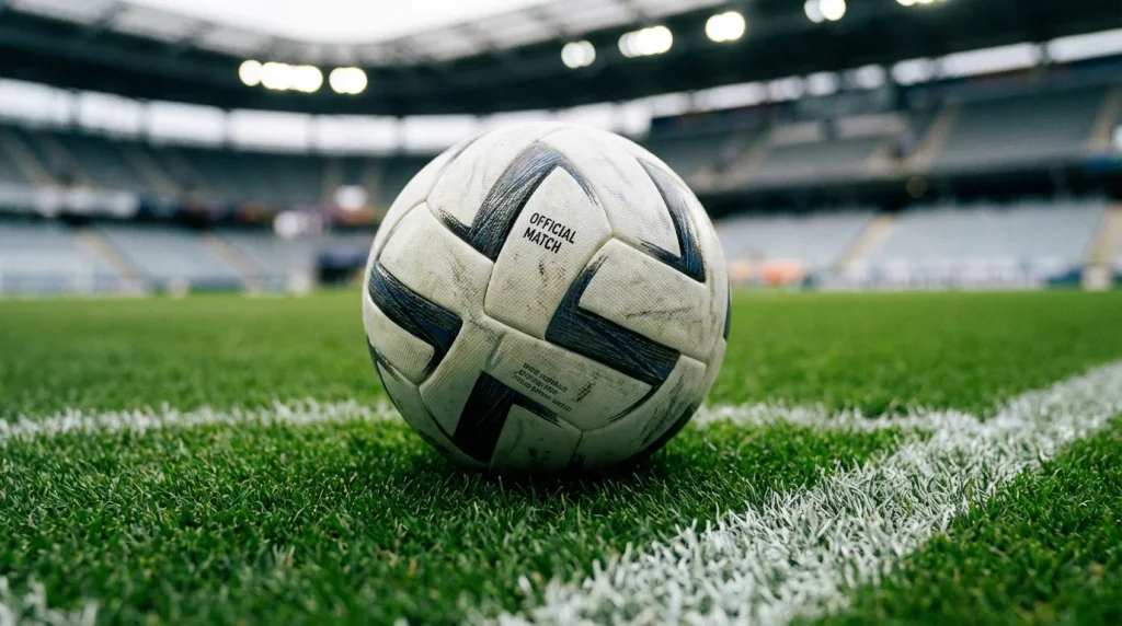 Close-up soccer ball on stadium pitch before football match kickoff