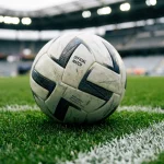 Close-up soccer ball on stadium pitch before football match kickoff