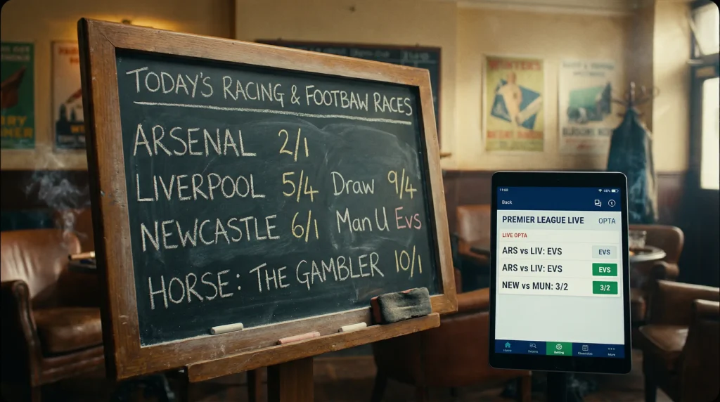 Football betting odds board and mobile app showing Premier League match predictions