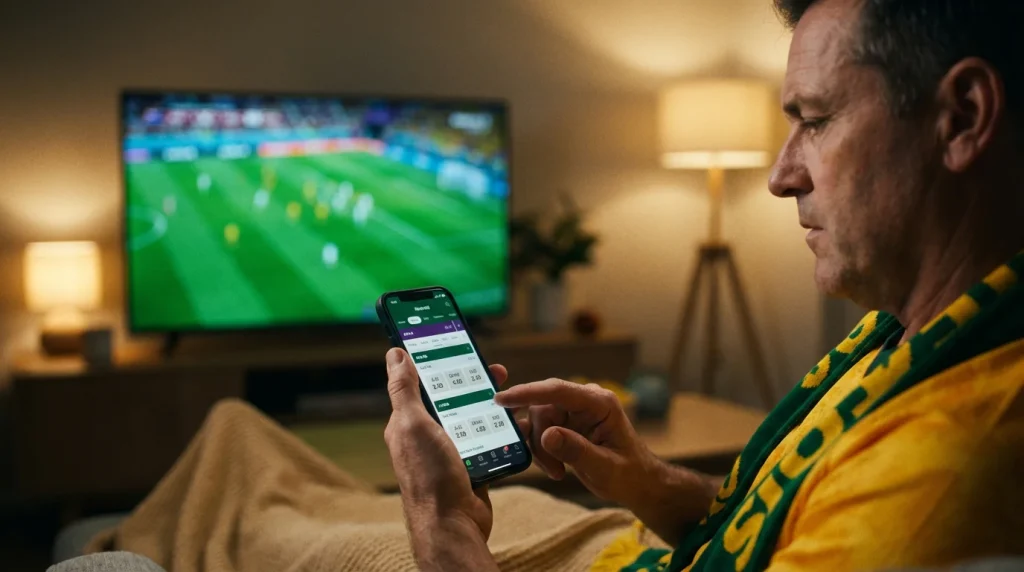 Australian punter using a mobile betting app with a football pitch in the background