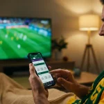 Australian punter using a mobile betting app with a football pitch in the background